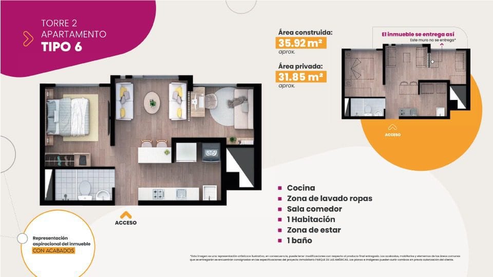 TIPO 6
Área construida aprox.:
35.92 m2
Área privada aprox:
31.85 m2