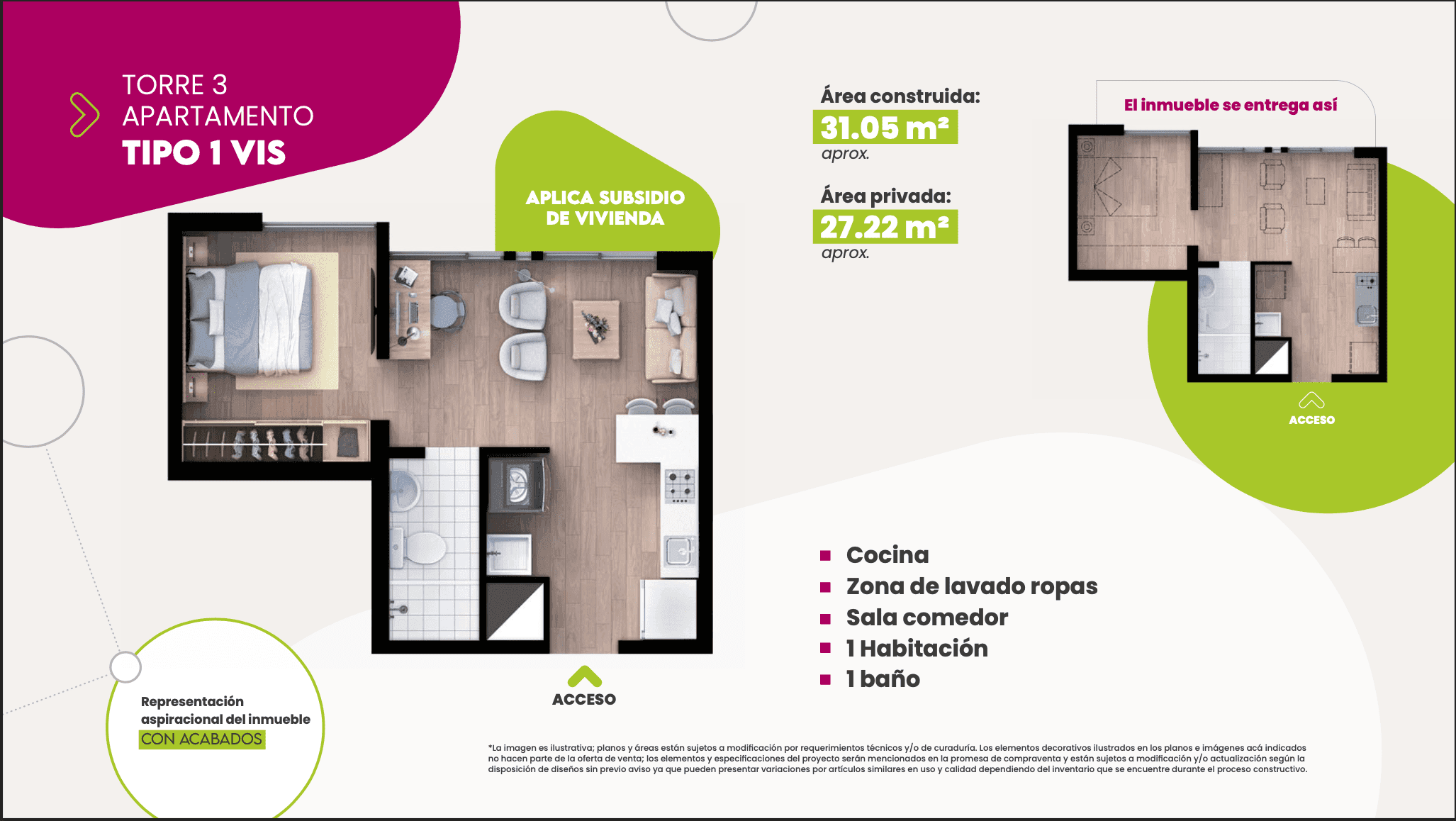 TIPO 1 Vis
Área construida aprox.:
31.05 m2
Área privada aprox:
27.22 m2